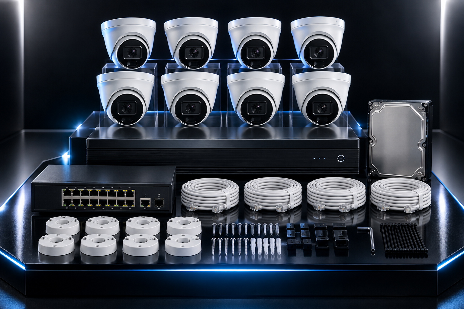 Complete eight-camera surveillance and NVR kit